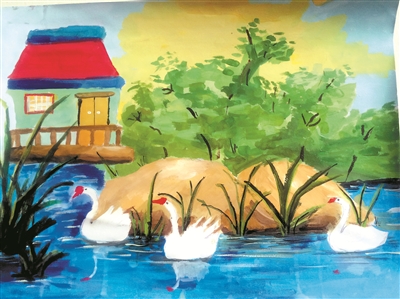 《我家门前小池塘》(水粉画)张美薇(九岁) 西工区实验小学 指导